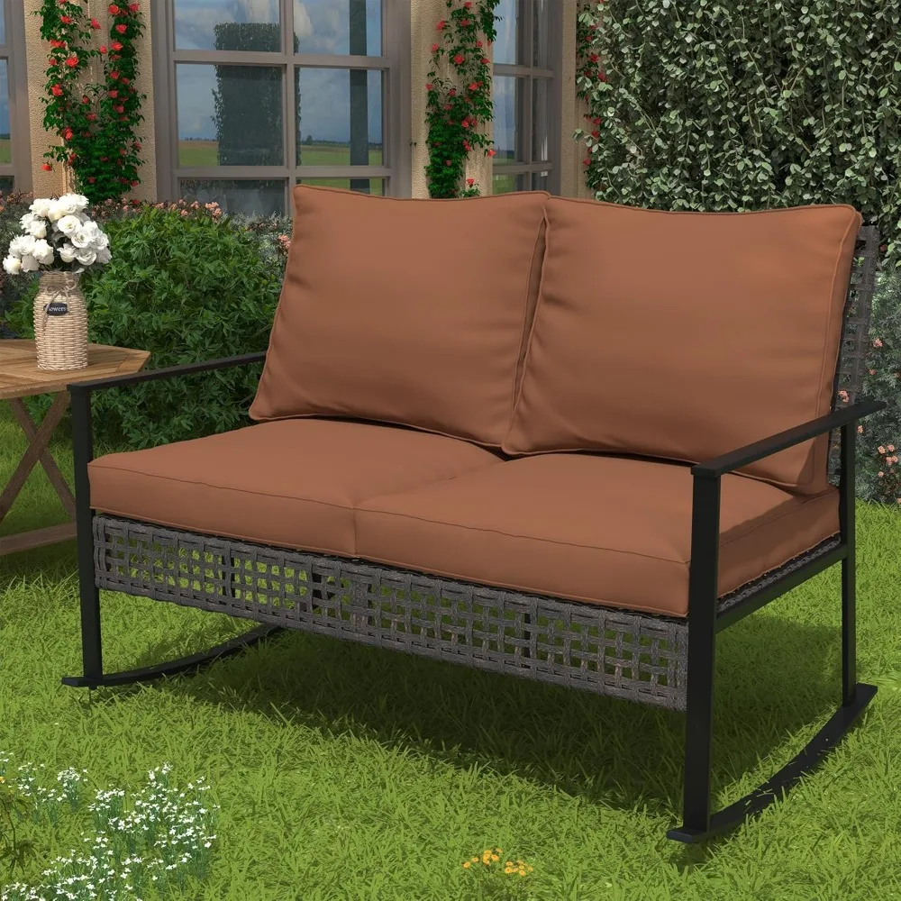 

Outdoor Wicker Loveseat Rocking Chair, Patio Rattan Rocker Chair with Cushions，All-Weather Modern Cozy Rocking Wicker Furniture