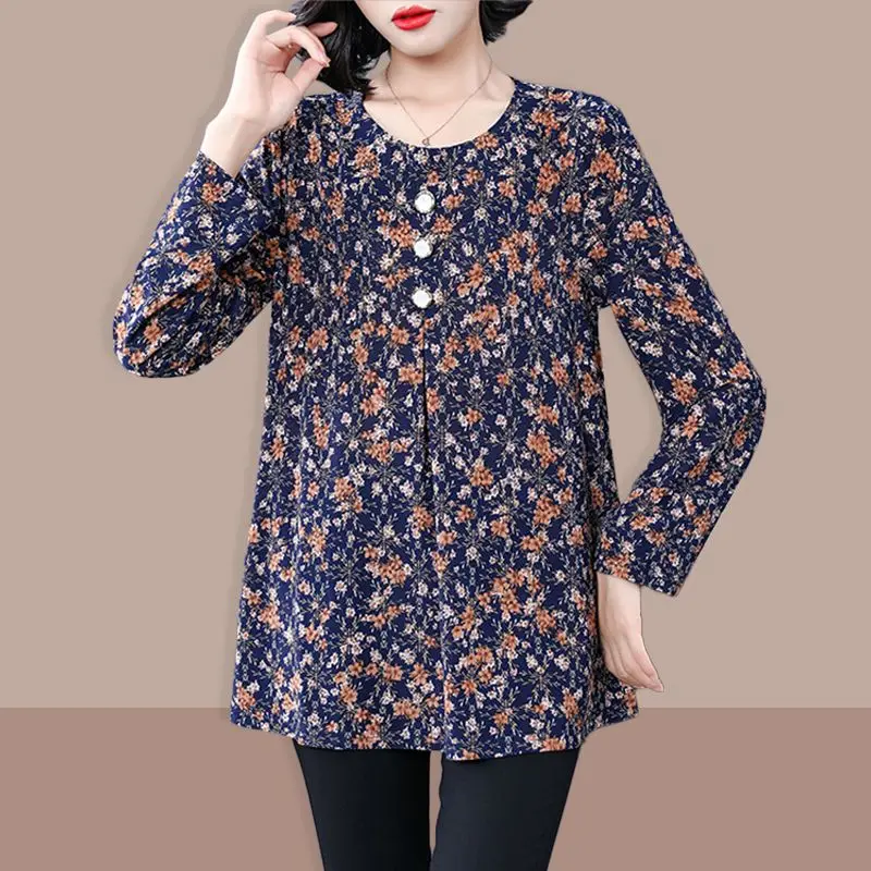 Woman Spring Autumn Elegant Fashion Long Sleeve Loose Blouses Tops Lady Casual Round Neck Flower Printed T-shirt Female Clothing