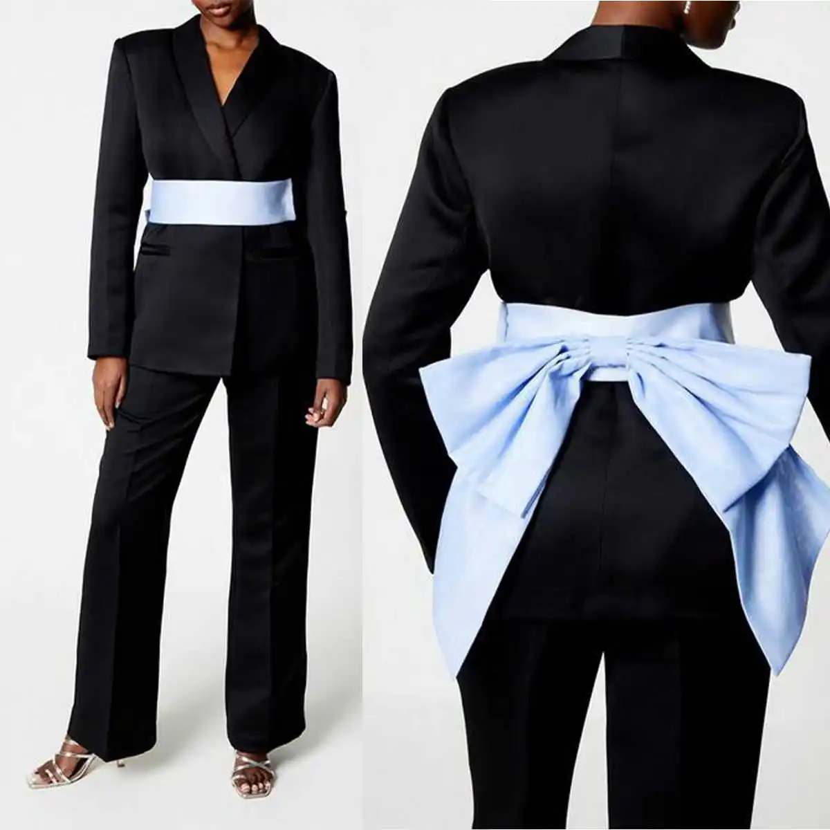 

Black Women Pants Suits With Blue Bow 2 Pieces Custom Made Slim Fit Mother Of Bride Blazer Jacket Guest Wear Loose Trousers