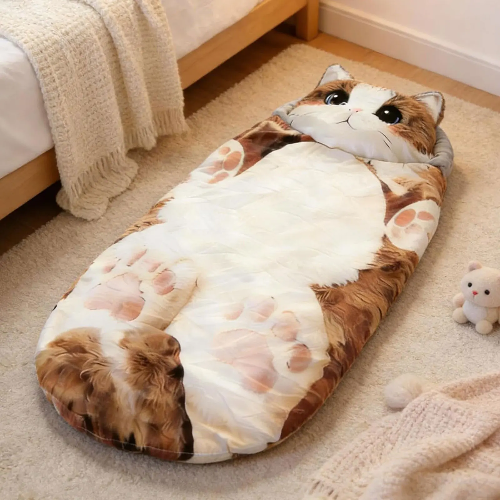 猫型封筒型寝袋-かわいい-洗える-暖かい毛布-大人用-キャンプ-お泊り会＆自宅でのくつろぎに