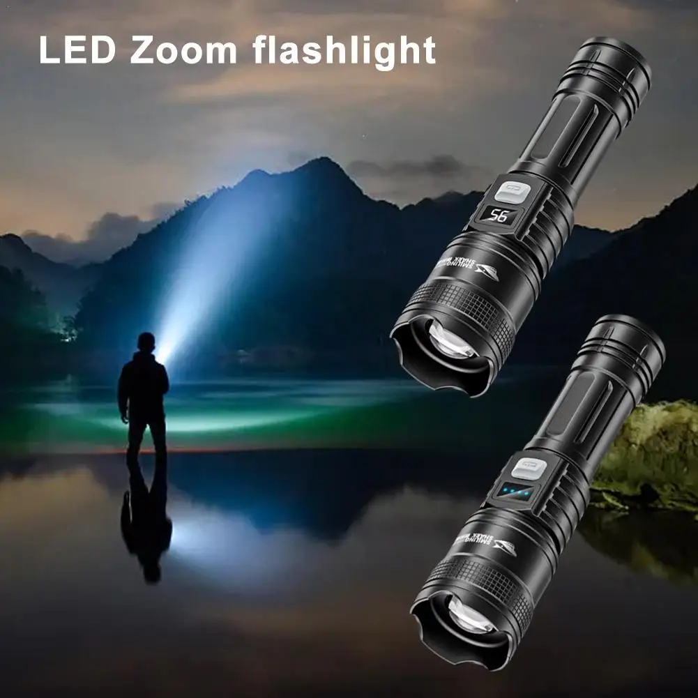 ​High Strong Power Led Strong Light Flashlights Tactical Torch With Display Built-in Battery USB Rechargeable Camping Torch