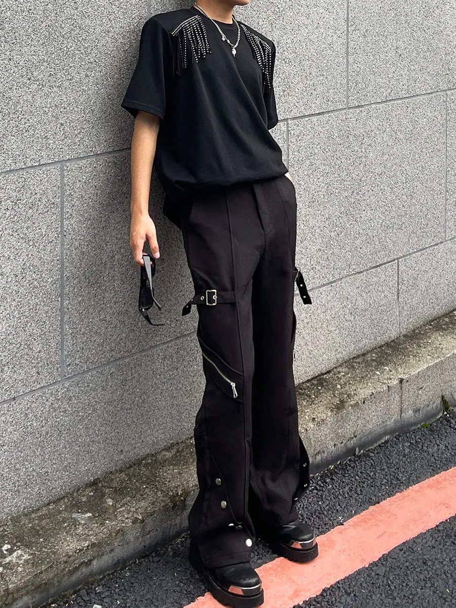 American Men Black Tie-up Pants Spring Autumn High Street Casual Fashion Gothic Zipper Male Rivet Straight Leg Trousers