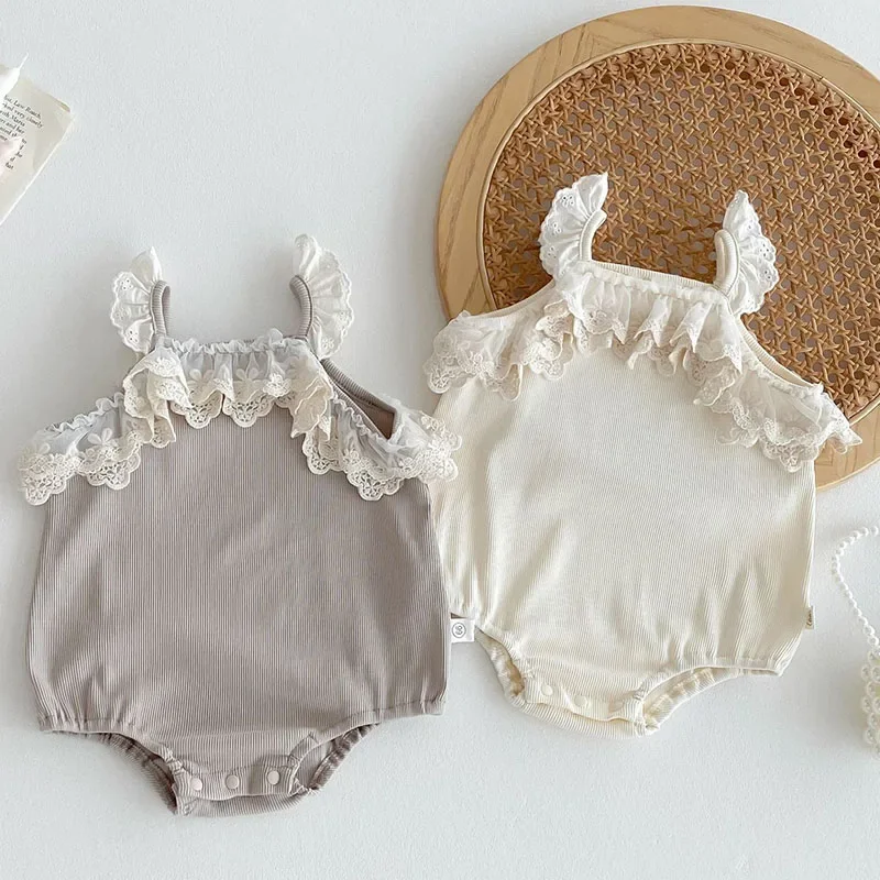 2025 New Summer Toddler Baby Girls Jumpsuit Sleeveless Cotton Lace Splicing Infant Baby Girls Bodysuits 0-24M Baby Clothing