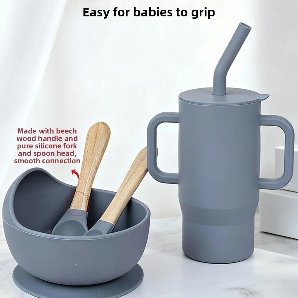 6Pcs/Set Cute Silicone Dining Plate Set Divided Compartments Suction Bowl Feeding Dishes Learning Cup Children Dining
