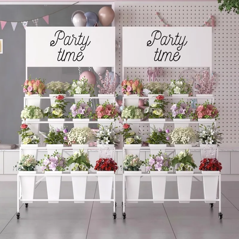 Floor-to-ceiling combined ladder plastic shelf wrought iron belt universal wheel indoor display flower stand