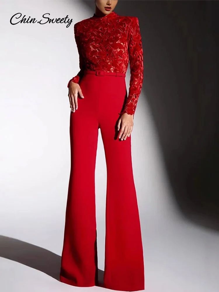 

Elegant Red Slim Jumpsuits Women Sexy See-through One Piece High Waist Embroidery Jumpsuit Female 2024 Lady Commuter Rompers