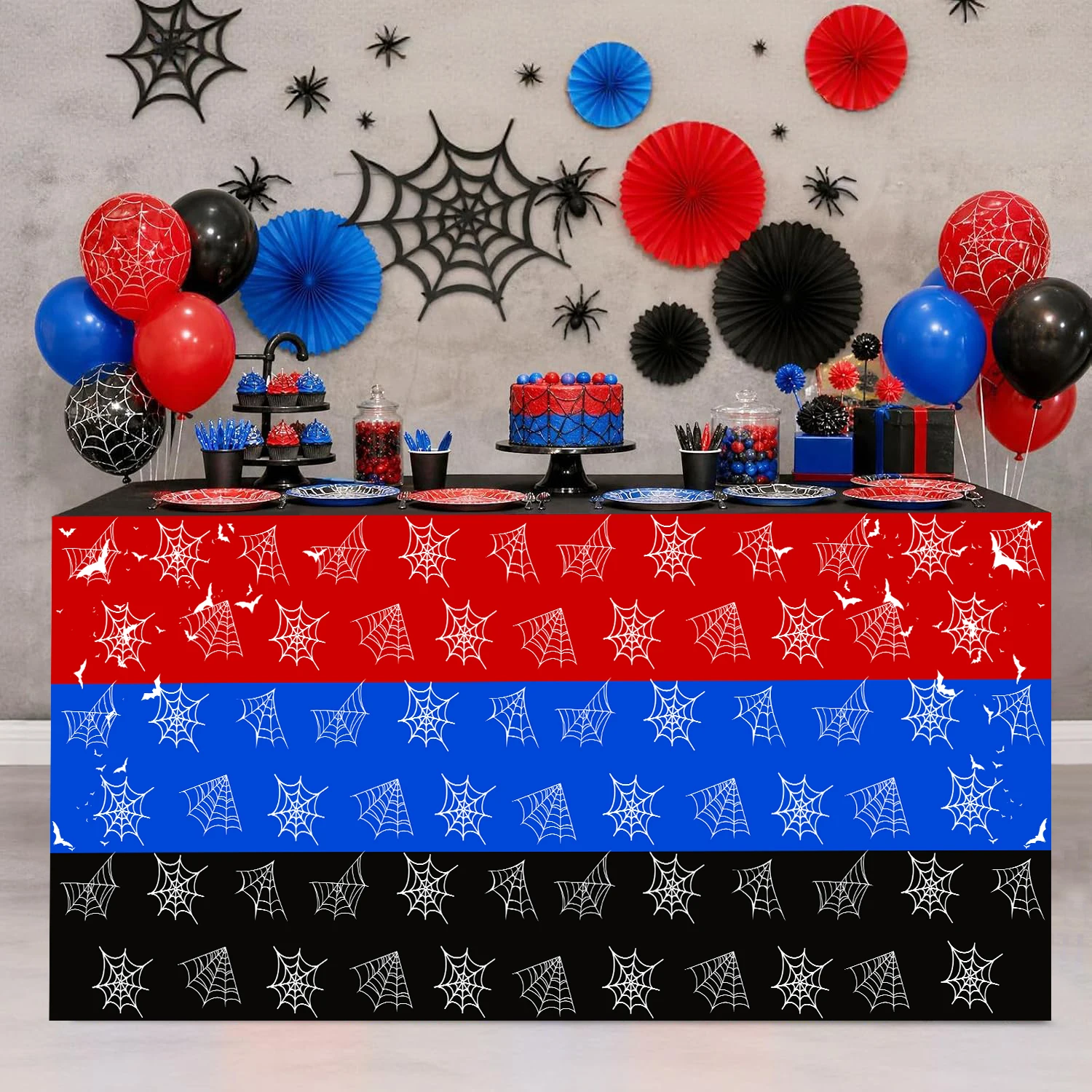 Red Blue Black Spider Web Table Skirt Spandex Table Cover Superhero Boys Birthday Baby Shower Party Dessert Table Decor Supplies