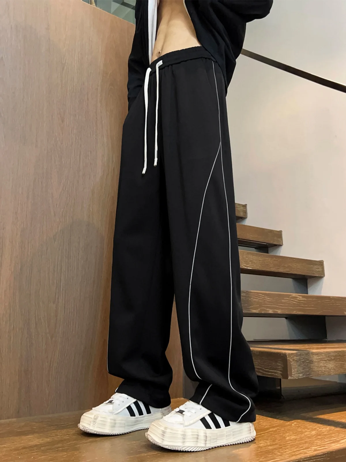 

American High Street Hiphop Men's Loose Wide Leg Pants Spring Autumn Sle Drapey Straight Leg Sweatpants Floor-Length Trousers