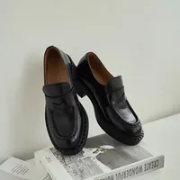Quick Delivery Wang Xiaodu Genuine Leather Thick Heel Loafers Commute Small Leather Shoes Rubber Sole round Toe Flat Heels