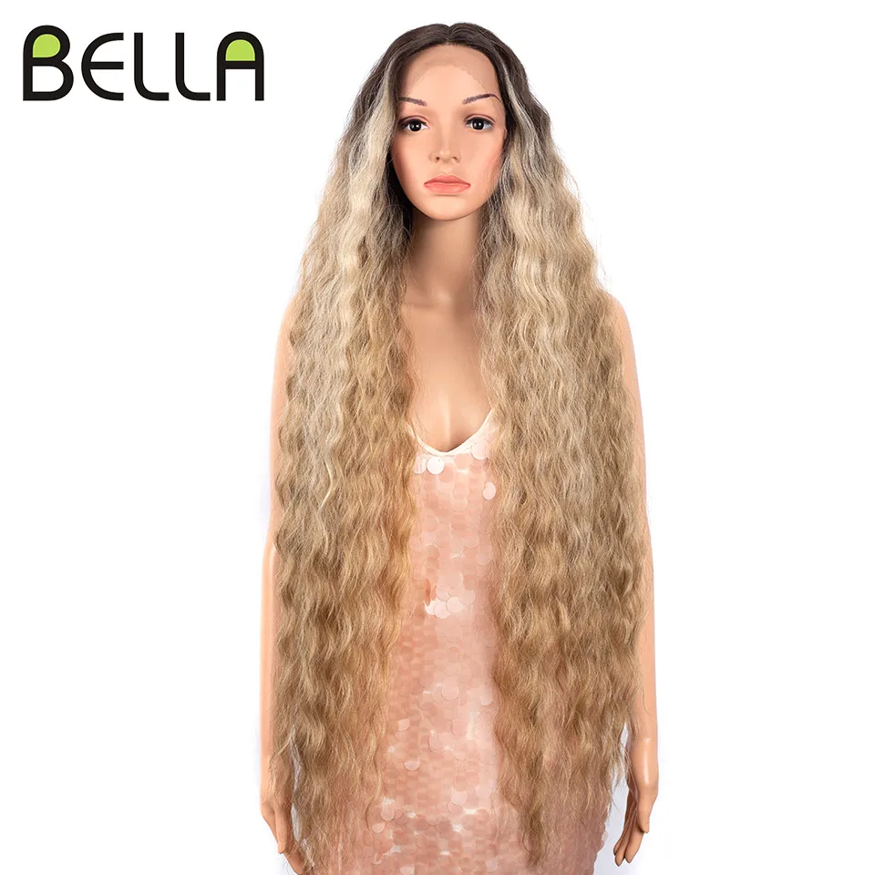 Bella 40 Inch T Part Lace Wigs Synthetic Deep Wave Long Wigs Ombre Blonde Brown Cosplay Wigs Heat Resistant Fiber Fake Hair