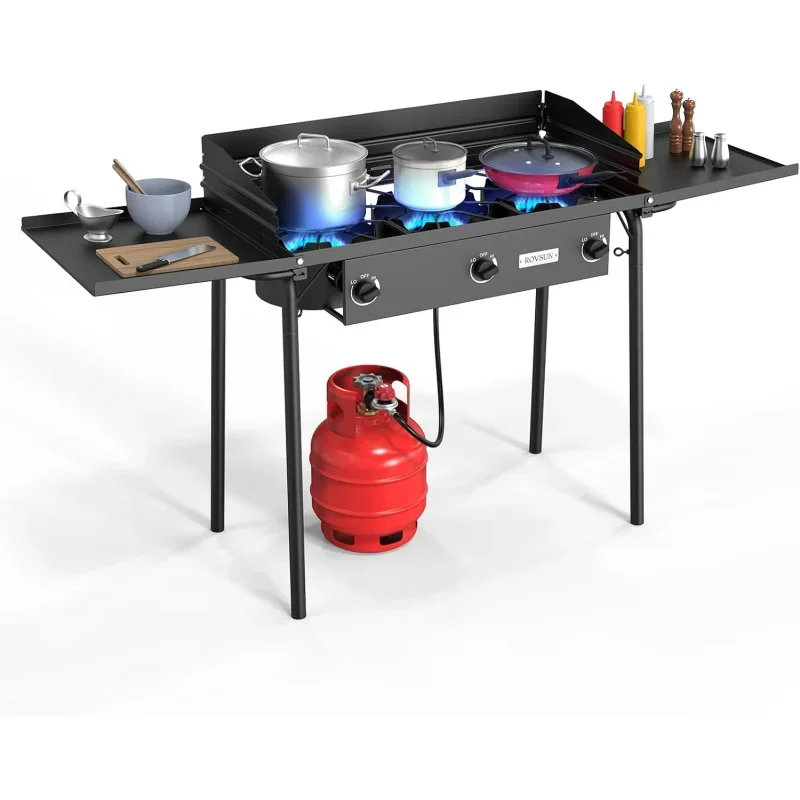 3 Burner Gas Stove with 2 Side Shelves, 225,000BTU Portable Propane Stove with Removable Leg, Wind Panel, Regulator Camping