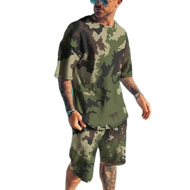 Summer 2024 New Men\'s Tracksuits 3D Printed T-shirt Set Camouflage Pattern Sportswear Short Sleeve Shorts Fashion Street Clothes