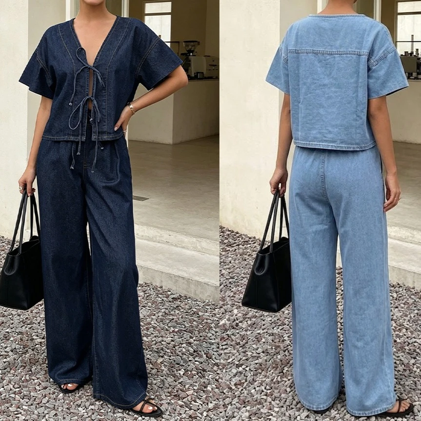 Denim Pant Set Women Two Piece Sets V Neck Short Sleeve Tops Wide Leg Long Pants Elastic Waist Y2k Streetwear Elegant Casual