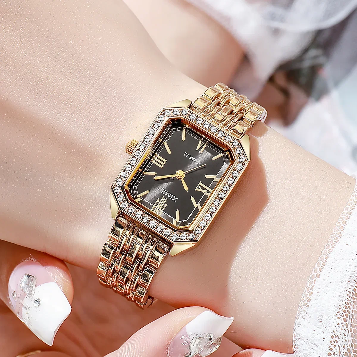 XIMILI Summer New Ladies Vintage Roman Numerals Rhinestone Dial Steel Strap Student Casual Quartz Watch
