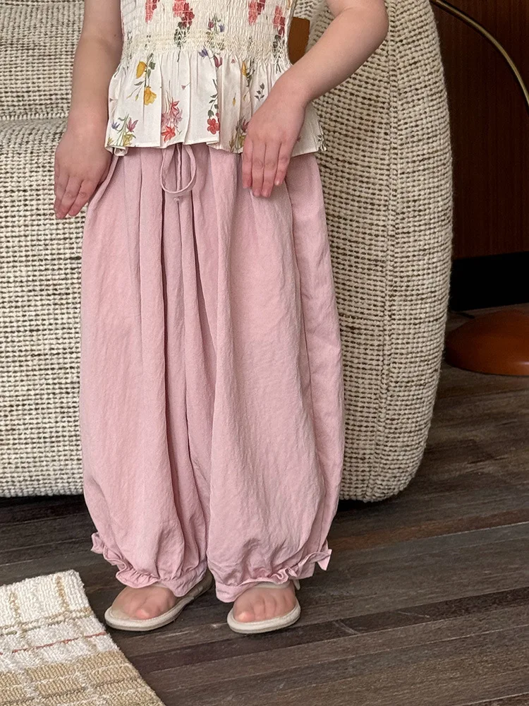2025 Summer New Children Loose Trousers Solid Girls Thin Cotton Lantern Pants Loose Comfortable Kids Mosquito Resistant Pants