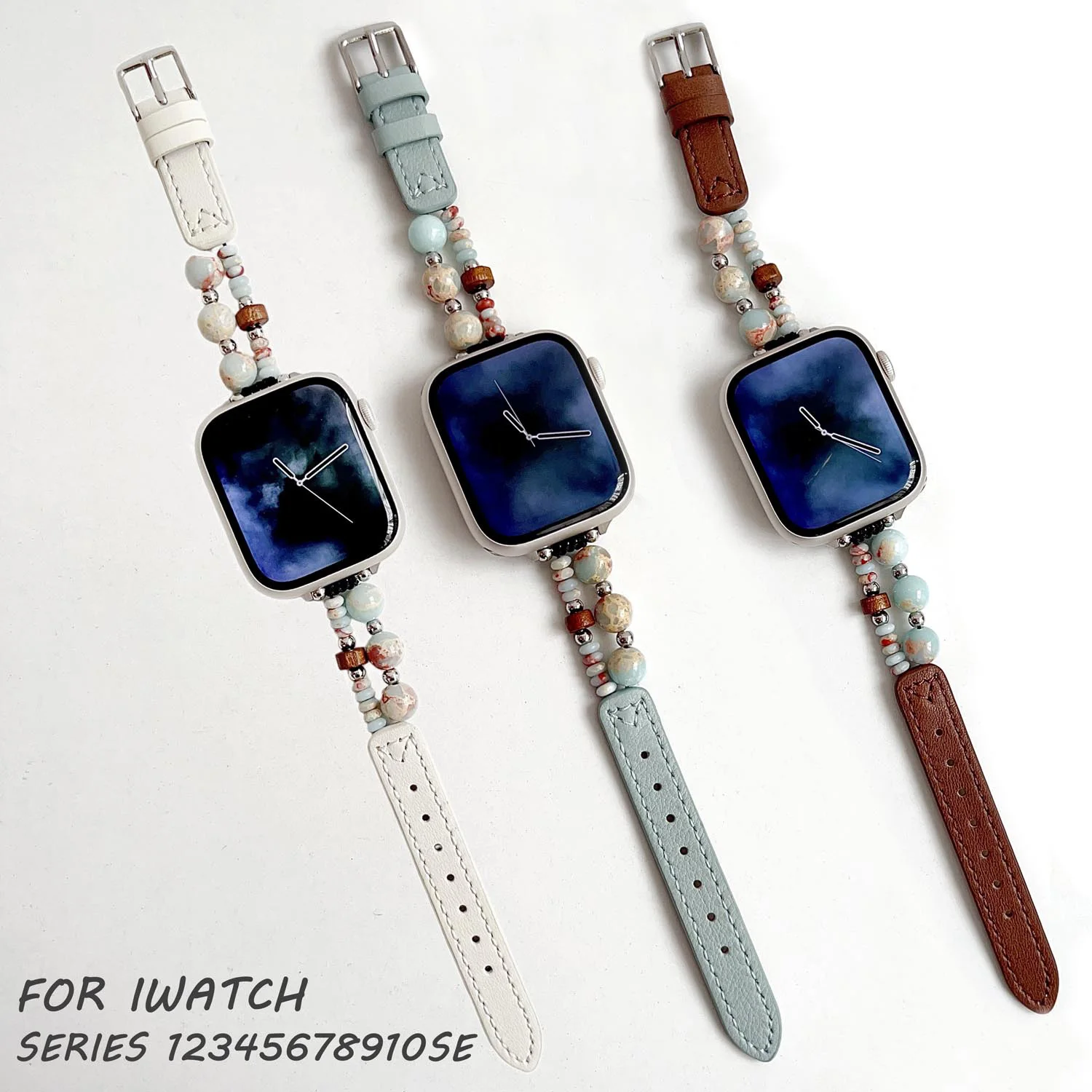 Leather Strap For Apple Watch Ultra 2 Band 49 42 46mm 40 41 45mm Natural Stone Beads Bracelet For Iwatch Series 10 9 8 7 6 SE 5