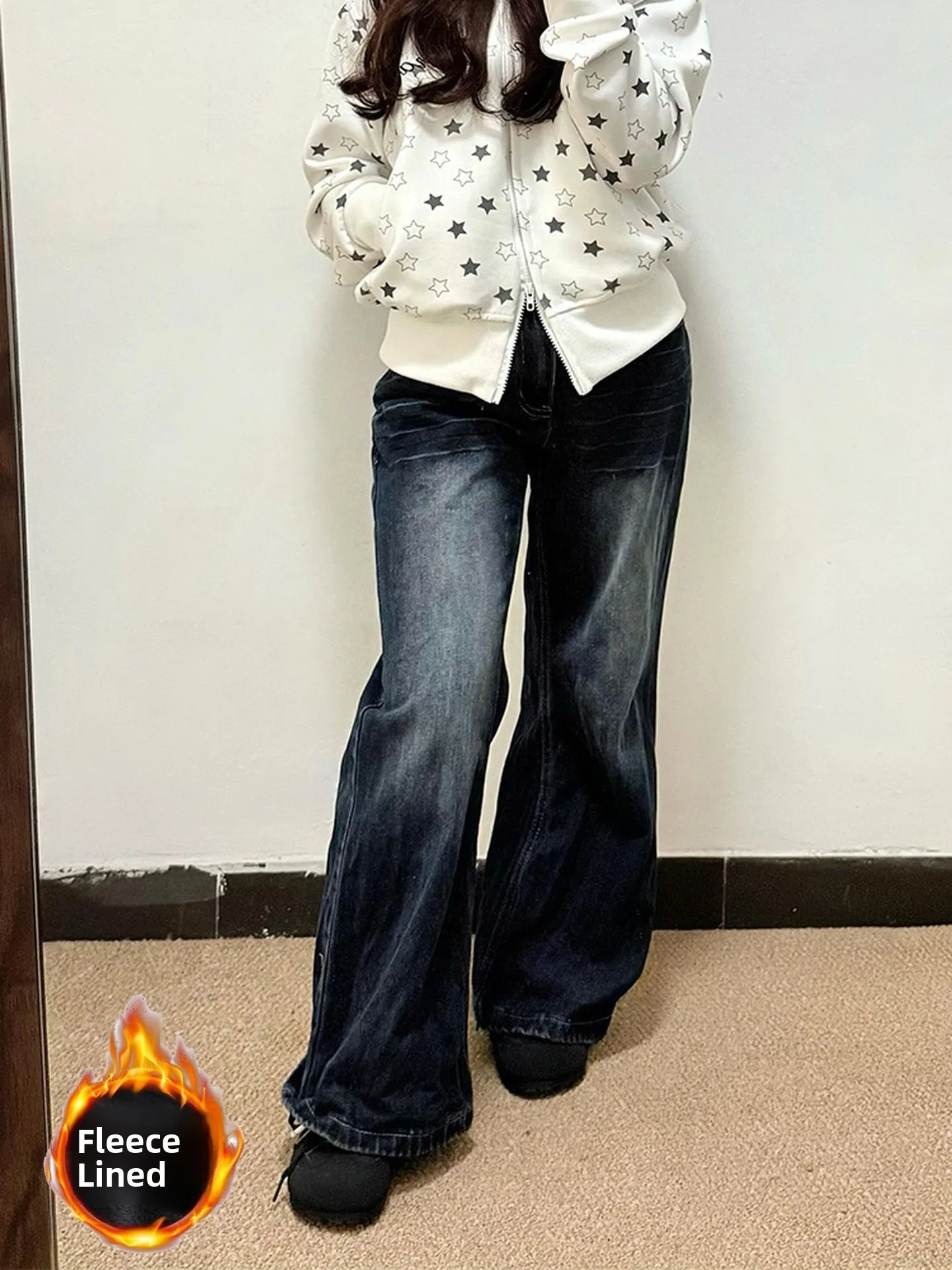 Amerykańskie dżinsy damskie z wysokim stanem, dopasowane, z podszewką, ciemnoniebieskie, jesienno-zimowe, nowa moda, spodnie z efektem obwisania.