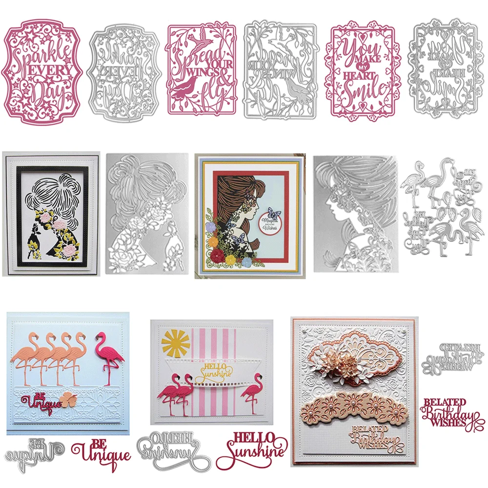 Vintage Frame Lady Portrait Flamingo Word Metal Cutting Dies Scrapbooking Card Making DIY Paper Craft Embossing Die Cuts