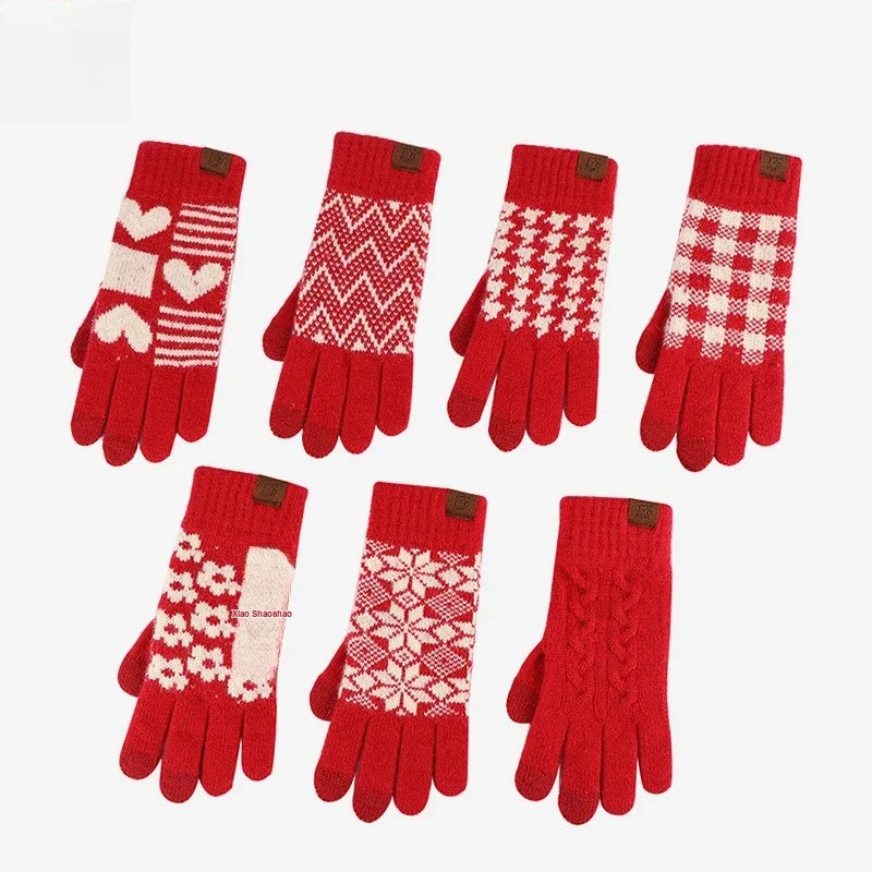 Fleece Lined Red Winter Protective Gloves Touch Screen Warm for Cycling New Year Holiday Outdoor Use