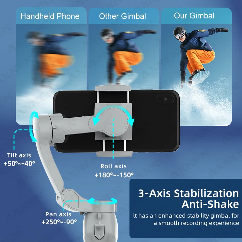 AXNEN HQ5 AI Gimbal 3-Axis مثبت يدوي مضاد للاهتزاز تتبع الوجه التلقائي حامل هاتف محمول مفيد لهاتف iPhone Android مدونة فيديو
