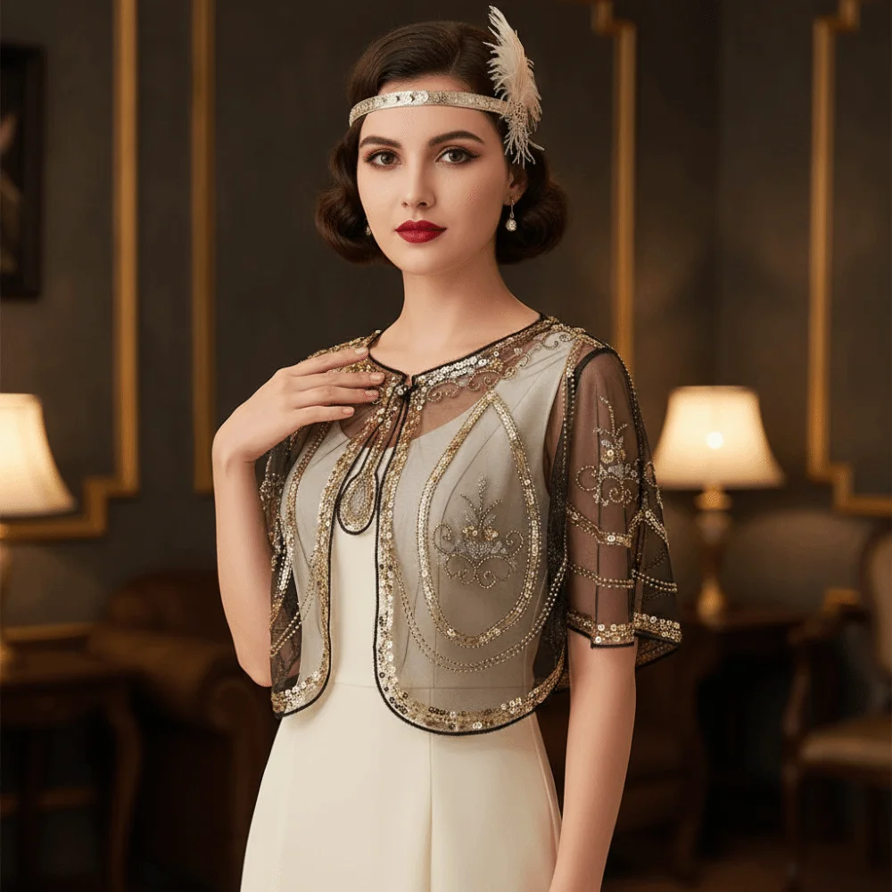 

Ретро-пончо с пайетками в винтажном стиле, короткая накидка с блестками и бисером, в стиле 1920-х годов, ажурное вечернее пальто