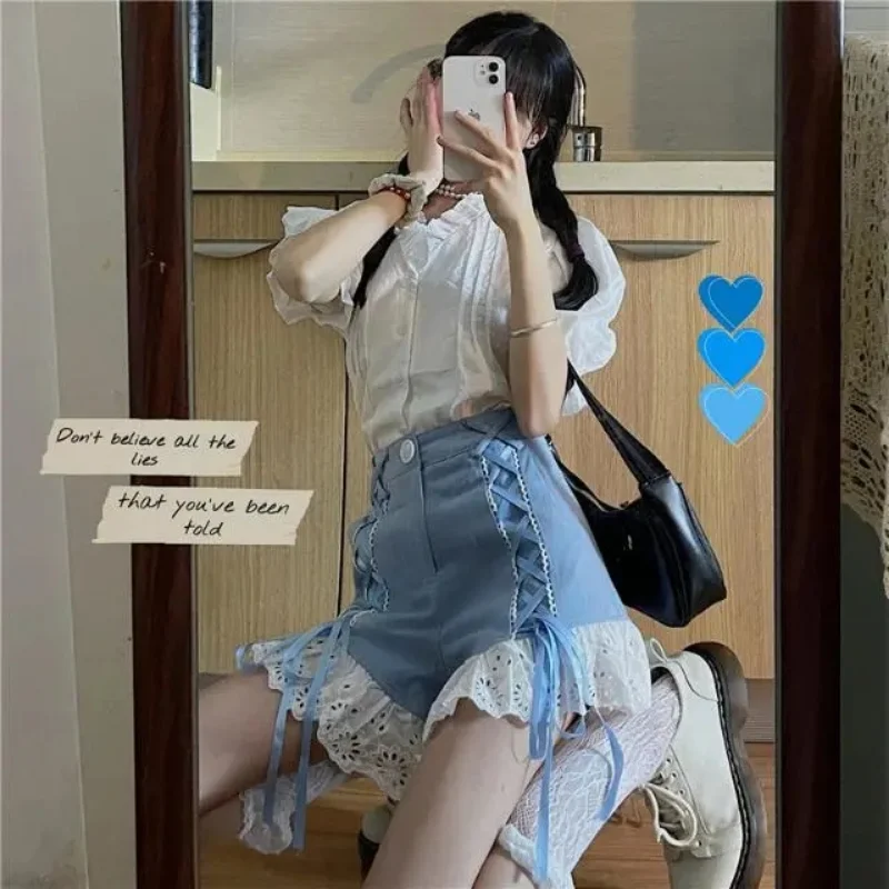 Summer Female Korean Y2k Shorts Version of Lace Sweet Ruffled Patchwork Bandage High Waist Shorts Female Harajuku Punk Shorts