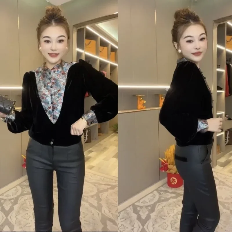 Contrast Color Stitching Long-sleeved Stand-collar T-shirt Black Gold Velvet T-shirt Shirt Women's Chiffon Top