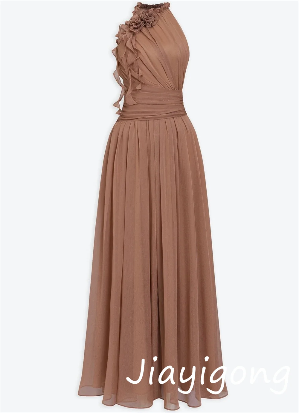 ที่กําหนดเองแฟชั่นชีฟอง FlowerPleat A-Line Halter ชุดเดรสยาว Bespoke โอกาสขนาดการจับคู่