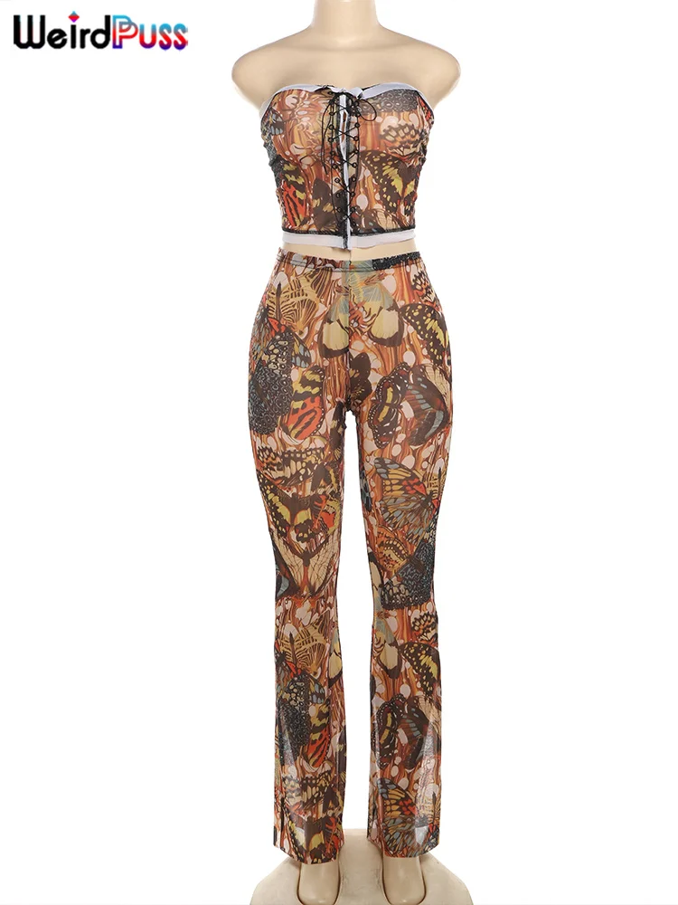 Weird Puss Butterfly Print Women 2 Piece Set See Through Sexy Shirring Strapless Tops+Trousers Matching Hipster Clubwear Outfits