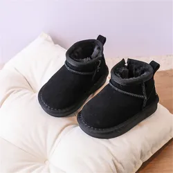 2024 New Winter Baby Snow Boots leather Warm Plush Little Boys Shoes Non-slip Fashion Toddler Girls Boots