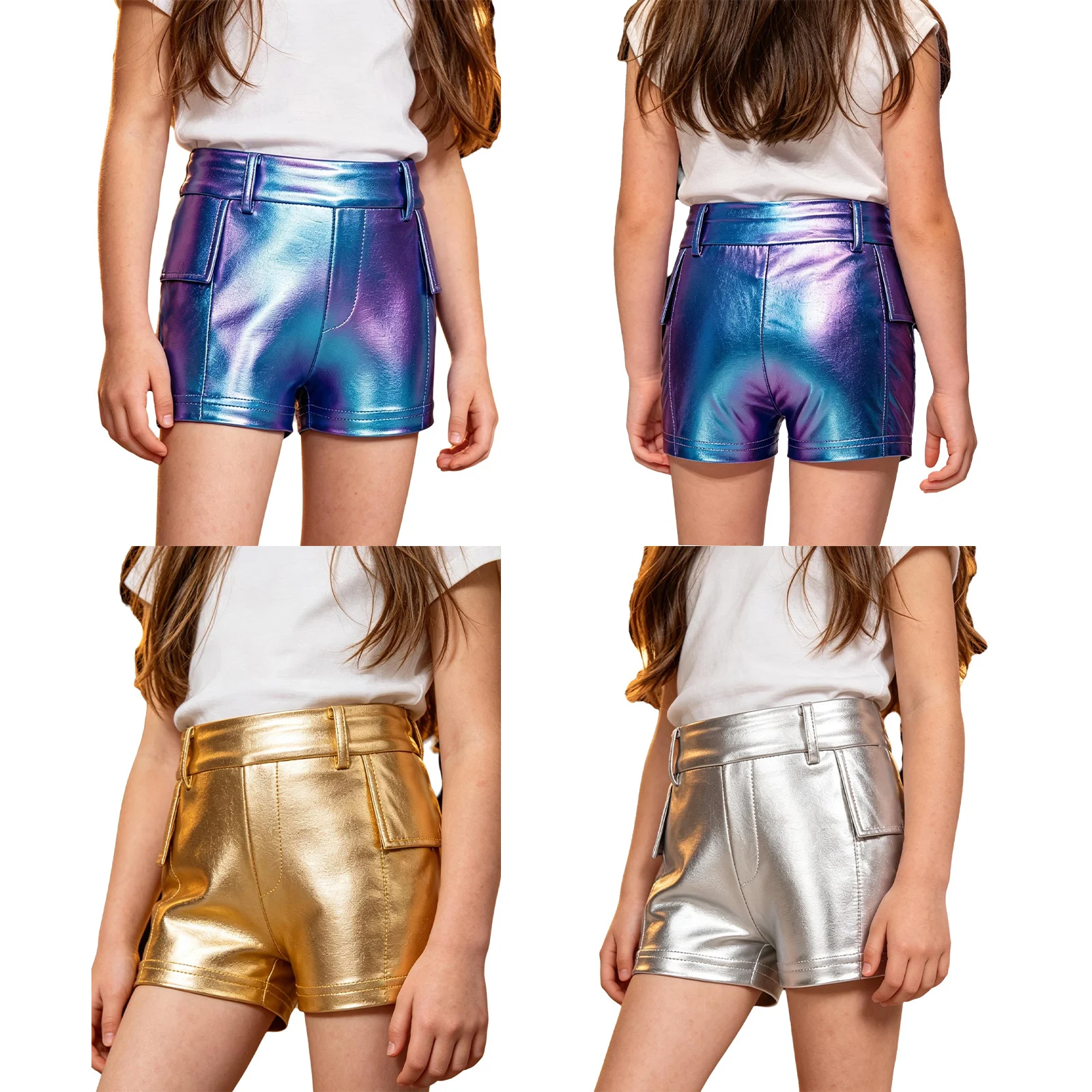 Kinder Modern Jazz Dance Bühnenauftritts-Hosen Mädchen Glänzende Irisierend Hologramm-Shorts PU-Leder Cargo-Kurzhosen – Detail 3