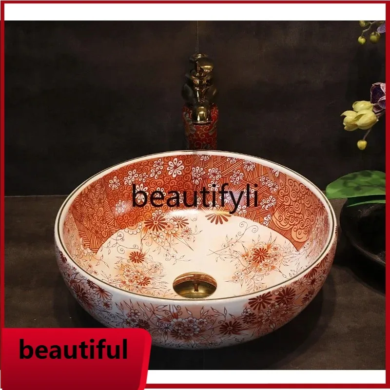 

f156 Ceramic table washbasin red retro washbasin