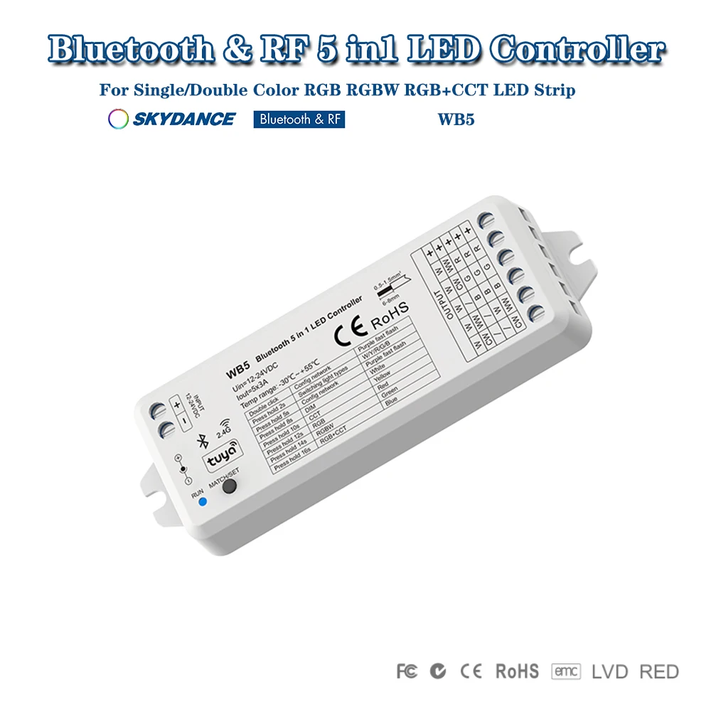 

Skydance WB5 DC12-36V 5In1 Smart Bluetooth Tuya 2.4GRF Dimmer Controller For Single/Double White RGB RGBW RGBCCT LED Strip Light