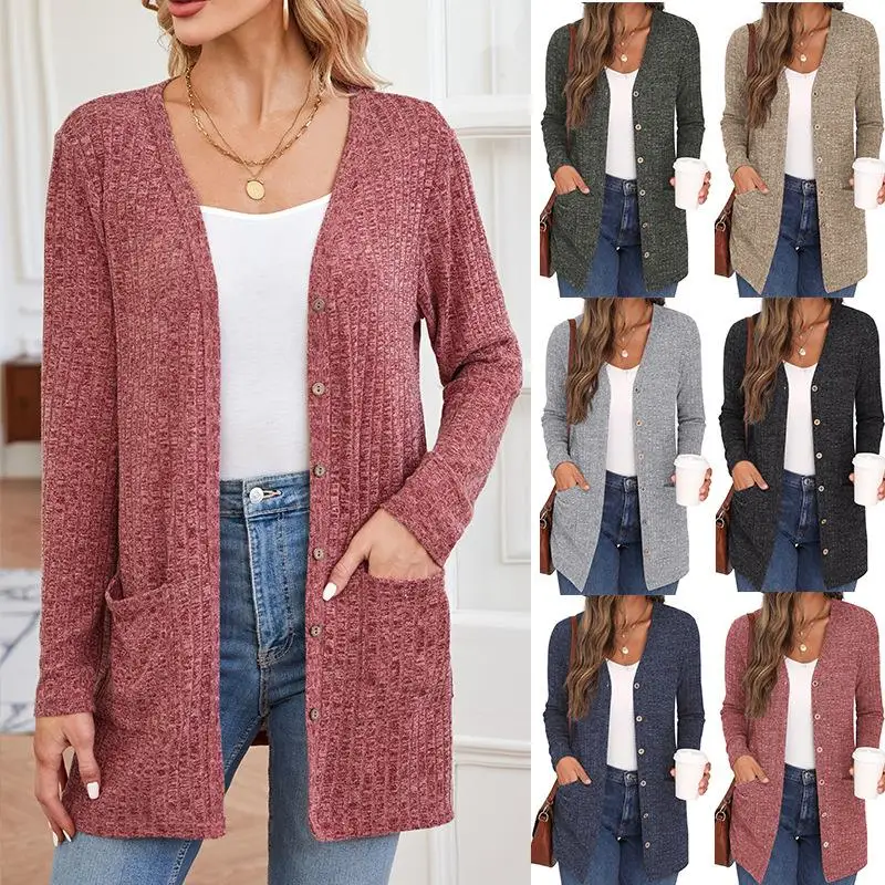 

Women's Long Sved ket Cardigan Jaet Knitted Open Front Sweater Plaid Pattern Winter Faion Ladies' Knitwear