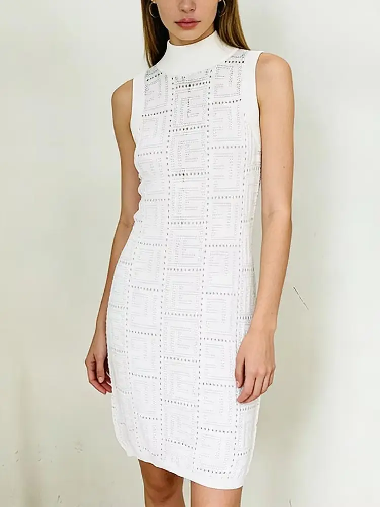 

HIGH STREET Newest 2026 Summer Fashion Designer Sleeveless Hollow Out Monogram Knitted Tank Dress