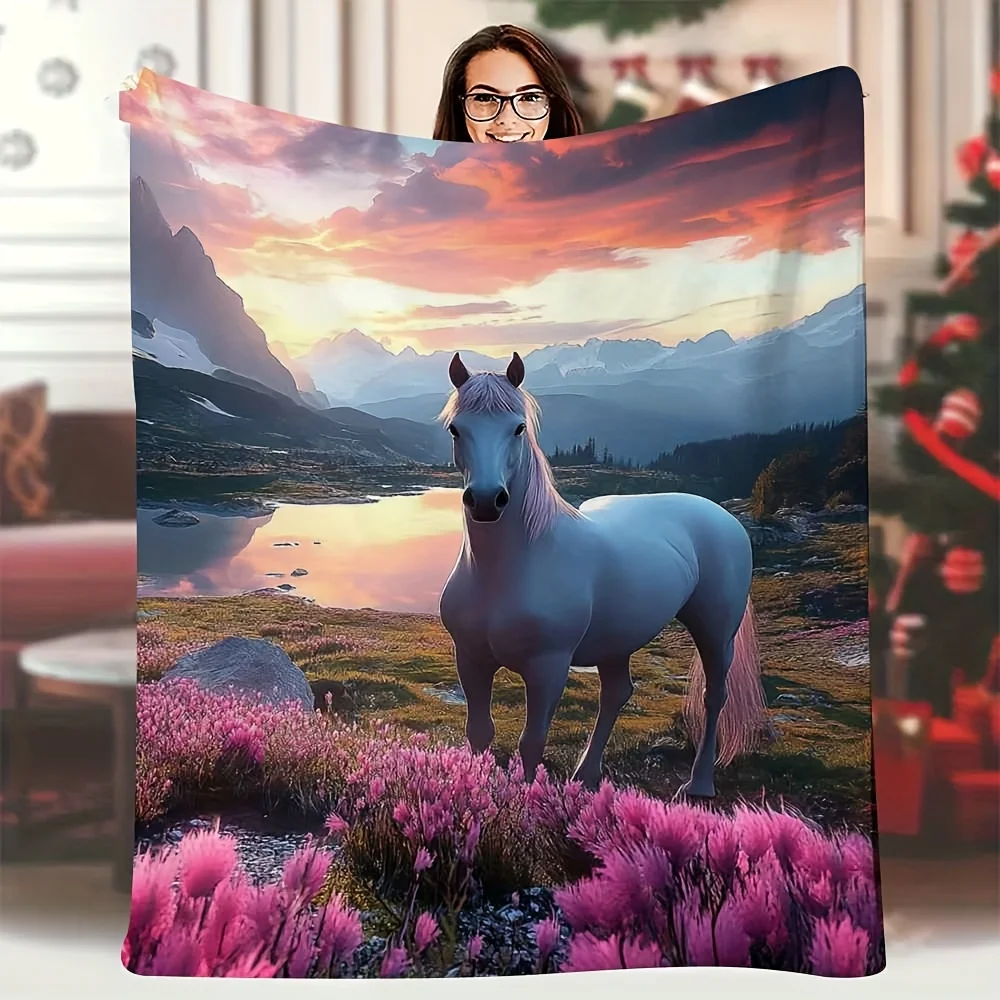 Dreamy Horse Fantasy Landscape Art Throw Blanket Cozy Nap Cover Decorative Picnic Bed Throw for Home Decor Gift