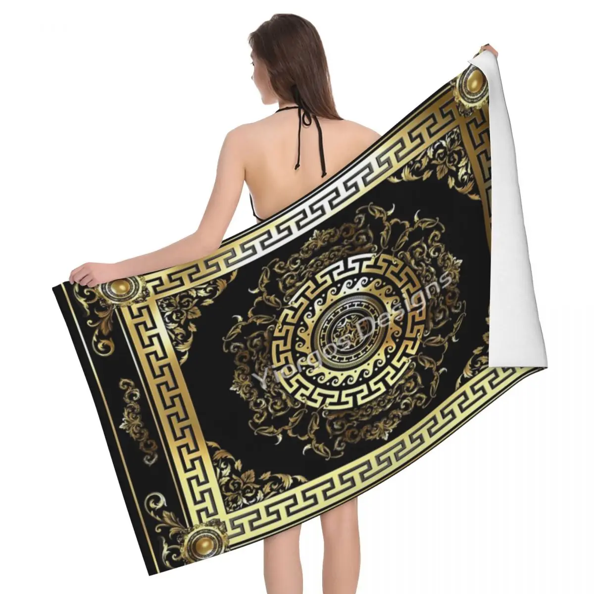 

Baroque Gold Black Greek Key Meander 80x130cm Bath Towel Skin-friendly For Picnic Towel Souvenir Gift