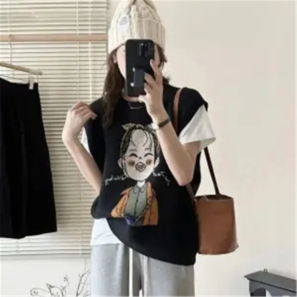 Korean Version Loose Spring And Autumn New Fashion Lazy Style Versatile Camisole With Stacked O-Neck Cartoon Knitted Sweatervest