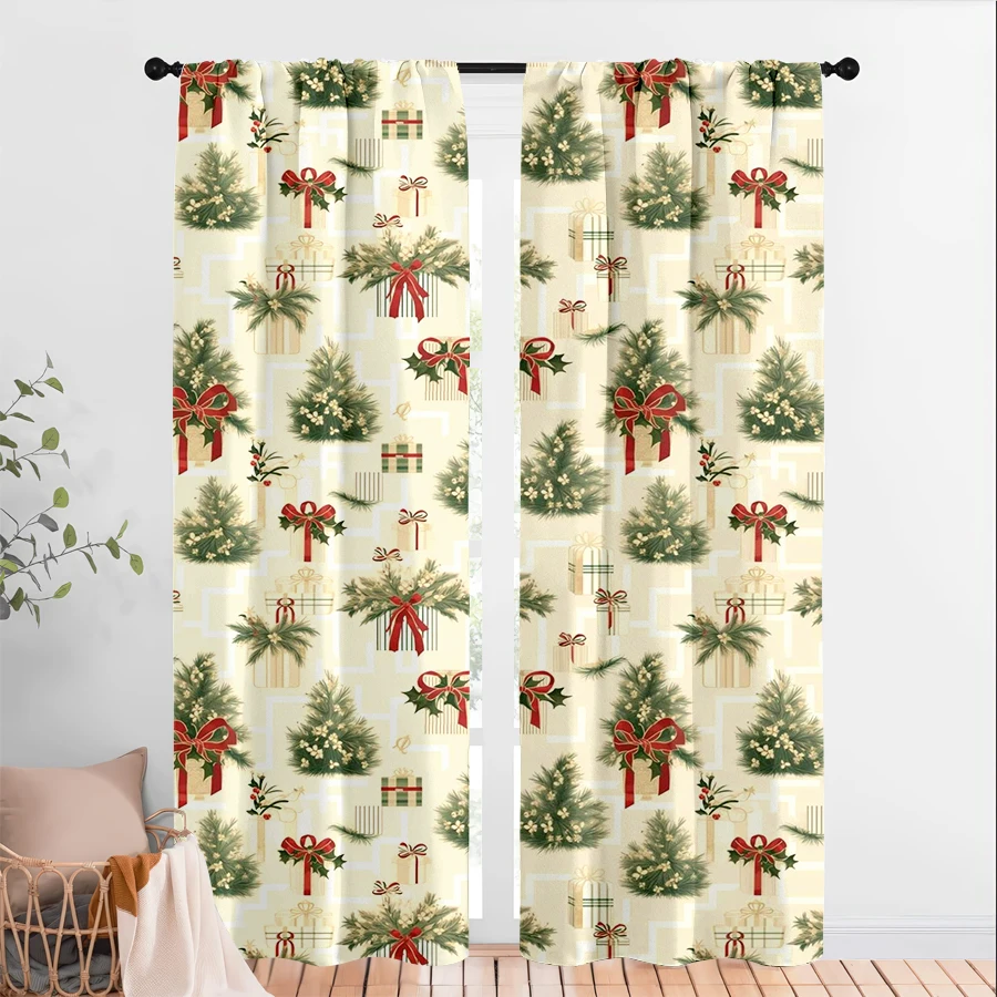 2PCS Christmas Digital Print Curtains, Repeating Mini Xmas Tree Pattern Cream, Simple for Living Room Bedroom Window Decor