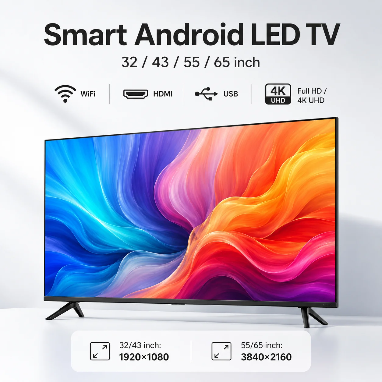 Умный LED-телевизор Android с Wi-Fi, 32, 43, 55, 65 дюймов, Full HD, 4K UHD, LCD-телевизор для дома, отеля, развлечений