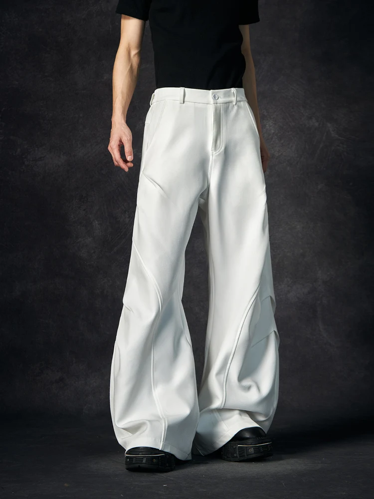 High Street Pant Men's Fashion Casual White Versatile Loose Slightly Flared Pants Trousers with Pleated Layered Feel