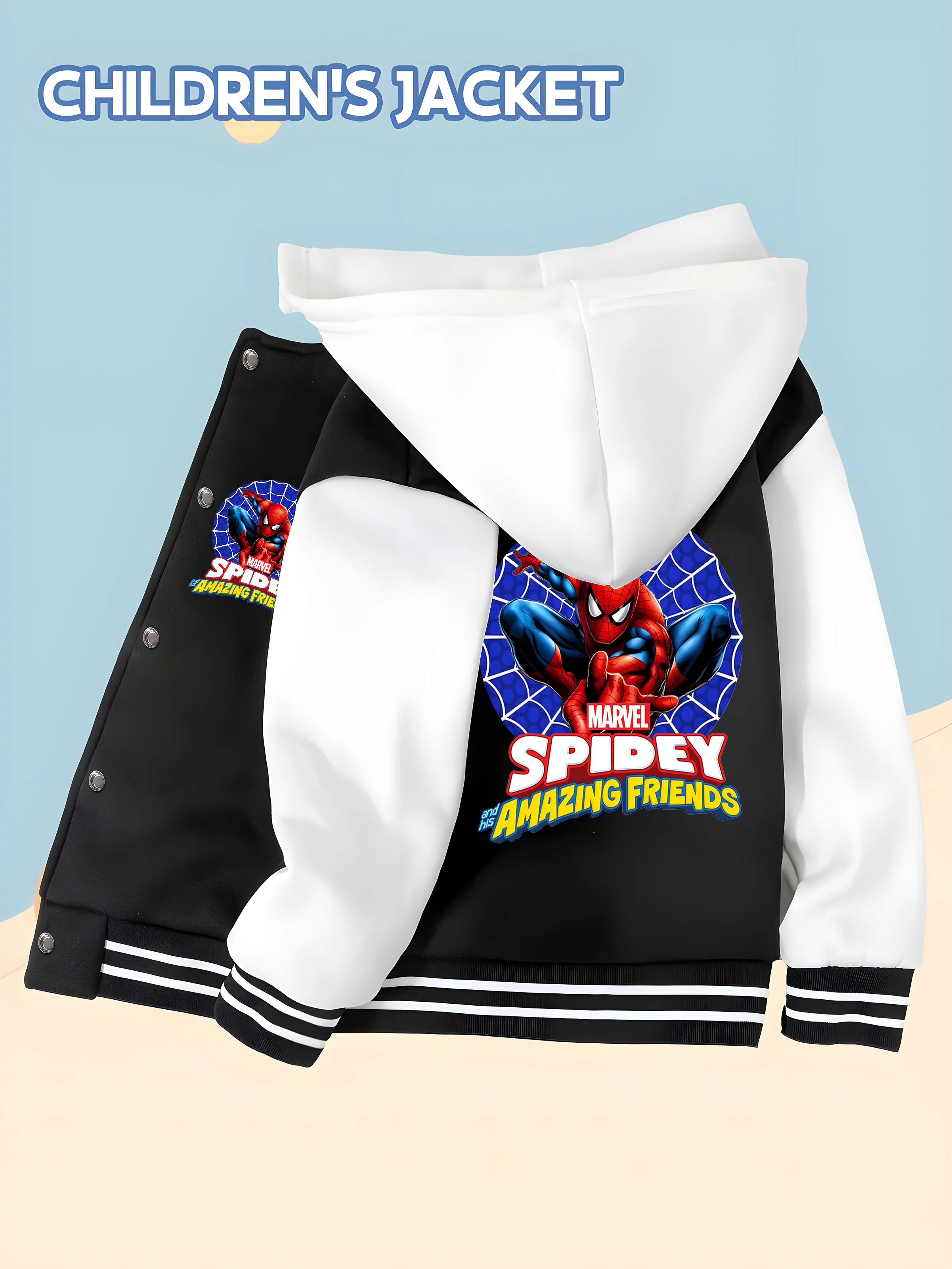 

MINISO Spider-Man creative print boy's baseball jacket with personalized hero pattern, black and white splicing, the best choice