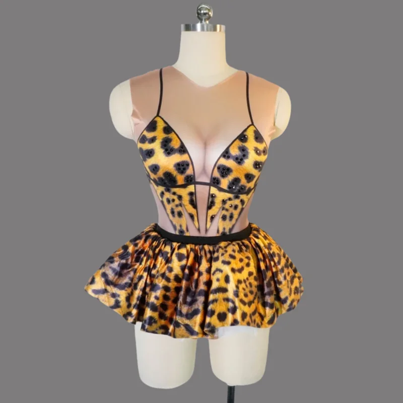 

Fashion Sexy Leopard Print Mini Dress Women Two Piece Bodysuit Stage Performance Outfits Nightclub gos Team Pole Dance Costumes