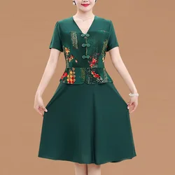 Vintage Fashion Women Floral Dress V-Neck Short Sleeved Fake Two Pieces Dresses Temperament Elegant Female Summer Chic Midi Robe
