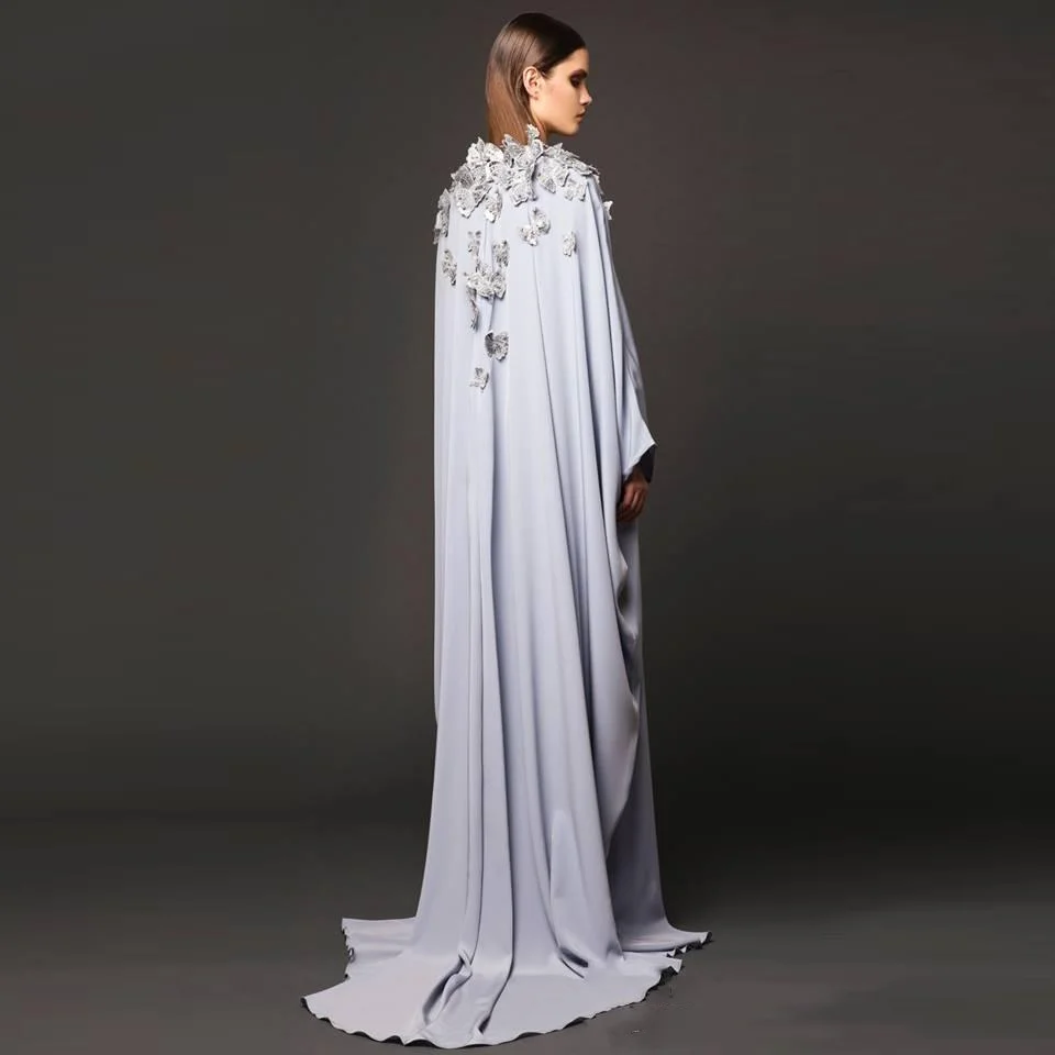 Floral Evening Gowns Cloak Style 2024 Dubai Women Applique Formal Occasion Party Prom Gown with Sleeve Train Vestido de festa