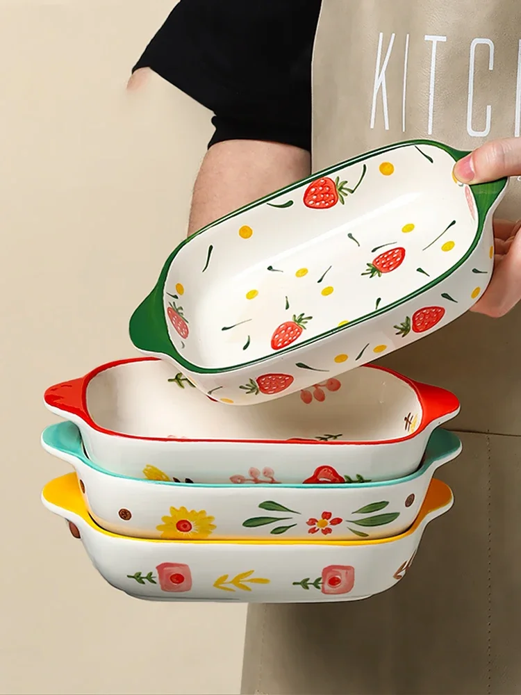 Binaural Ceramic Rectangular Baking Plate Cheese Baked Rice Plate Household Salad Plate Cute Printed Baking Bowl Utensils