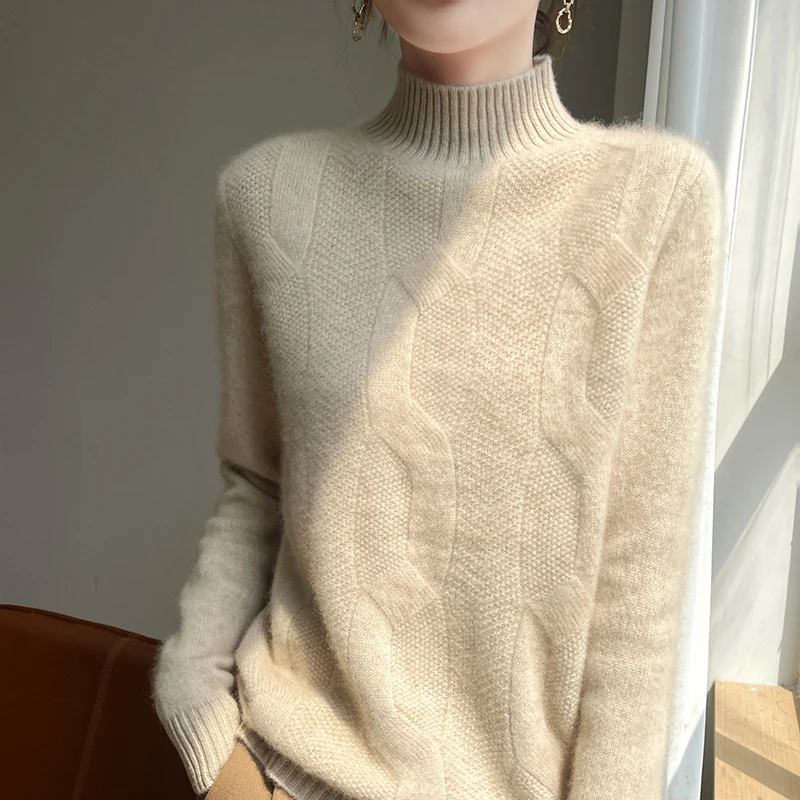 100% Merino Wool Half Turtleneck Pullover Women\'s Autumn and Winter Thick Twist Flower Sweater Korean Fashion Women\'s Wear