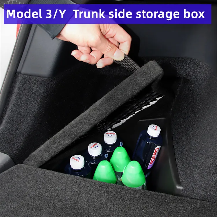 Car Trunk Side Storage Box For Tesla Model Y 2018-24 Hollow Cover Organizer Flocking Mat Partition Board Stowing Tidying