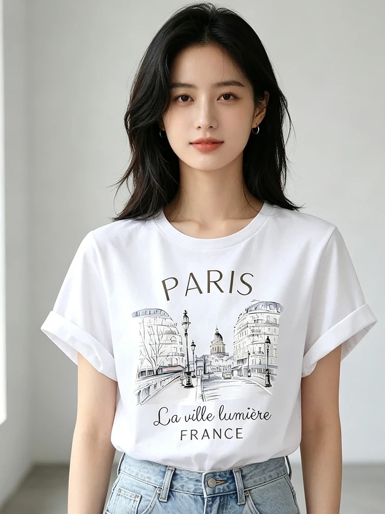 Women Paris France Graphic TShirt Vintage City Street View Print Short Sleeve ONeck Casual Tees Summer Fashion White Tops