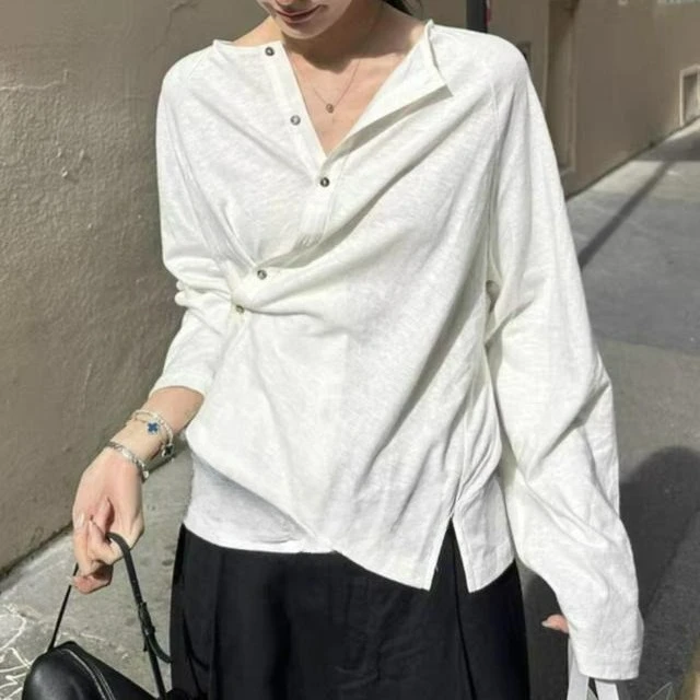 

Versatile Cotton Linen Long Sleeved Patchwork Irregular Buttons Cardigan